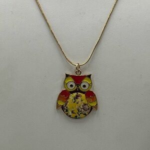 Betsey Johnson Enamel Floral Bright Multicolor Wide‎ Eyed Owl Pendant Necklace